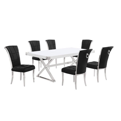 7pc Small(78") white wood top dining set with silver base and 6 chairs