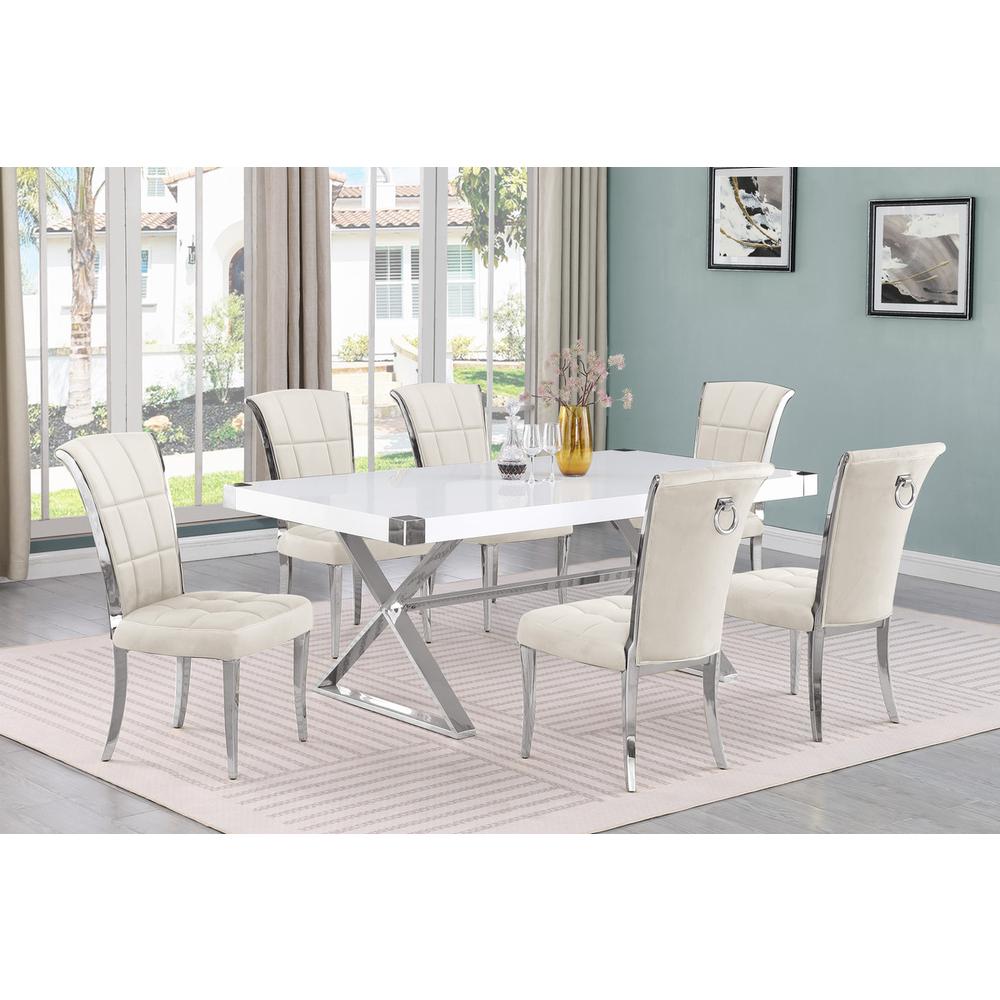 7pc Small(78") white wood top dining set with silver base and 6 chairs