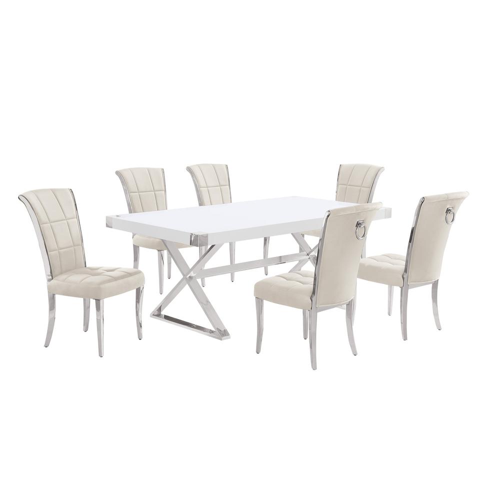 7pc Small(78") white wood top dining set with silver base and 6 chairs