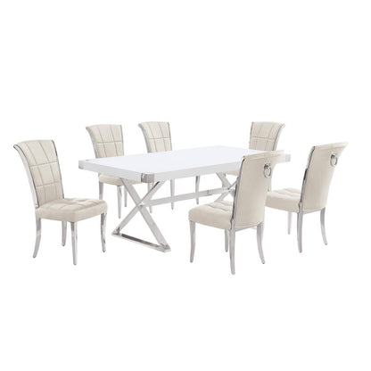 7pc Small(78") white wood top dining set with silver base and 6 chairs