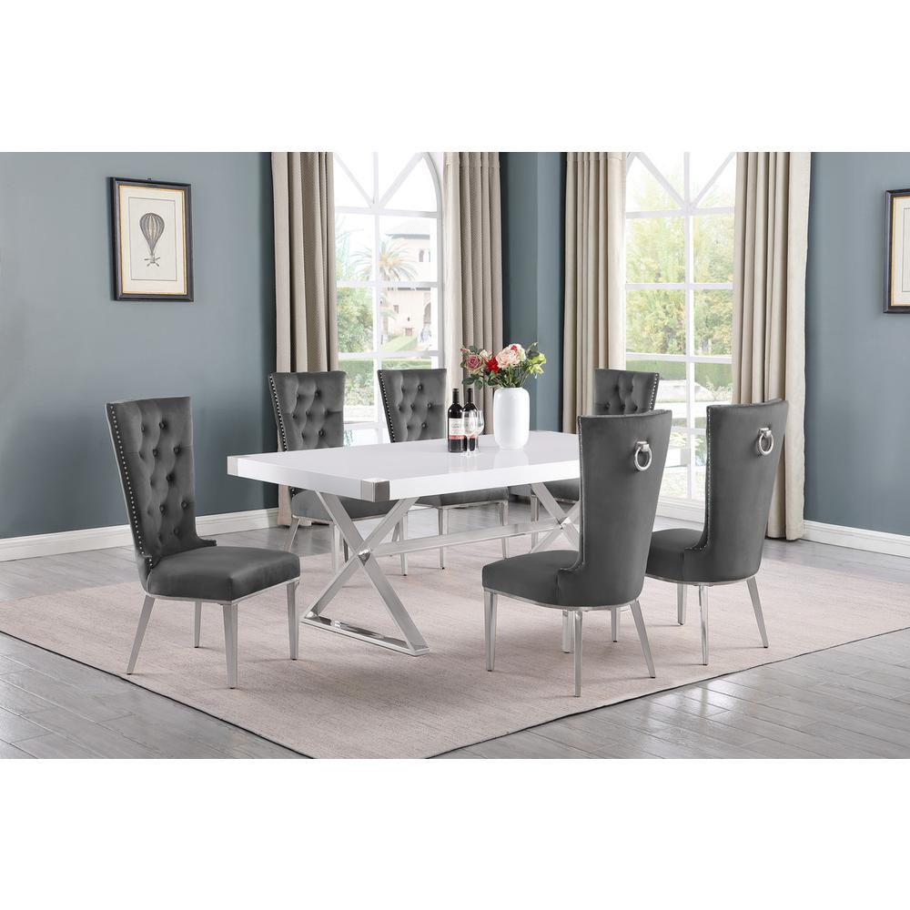 7pc Small(78") white wood top dining set with silver base and 6 chiars