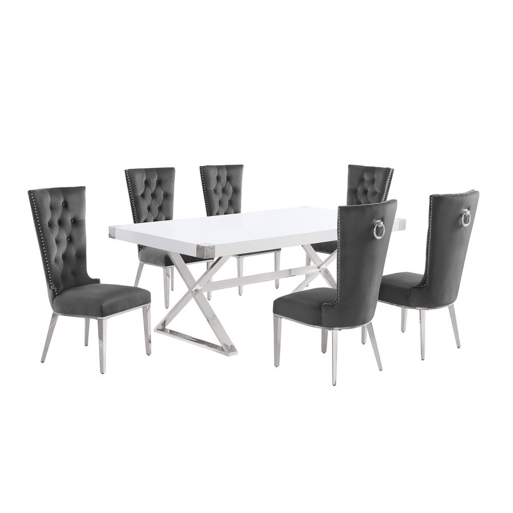 7pc Small(78") white wood top dining set with silver base and 6 chiars