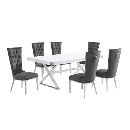 7pc Small(78") white wood top dining set with silver base and 6 chiars
