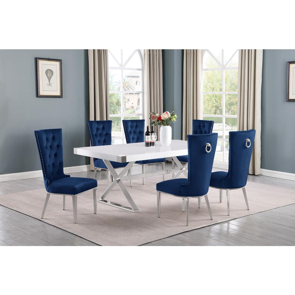 7pc Small(78") white wood top dining set with silver base and 6 Navy side chiars