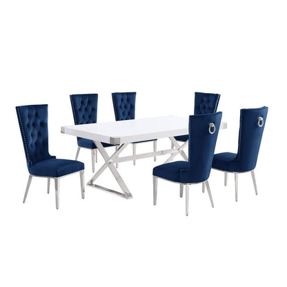 7pc Small(78") white wood top dining set with silver base and 6 Navy side chiars
