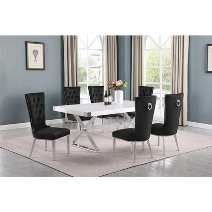 7pc Small(78") white wood top dining set with silver base and 6 chairs