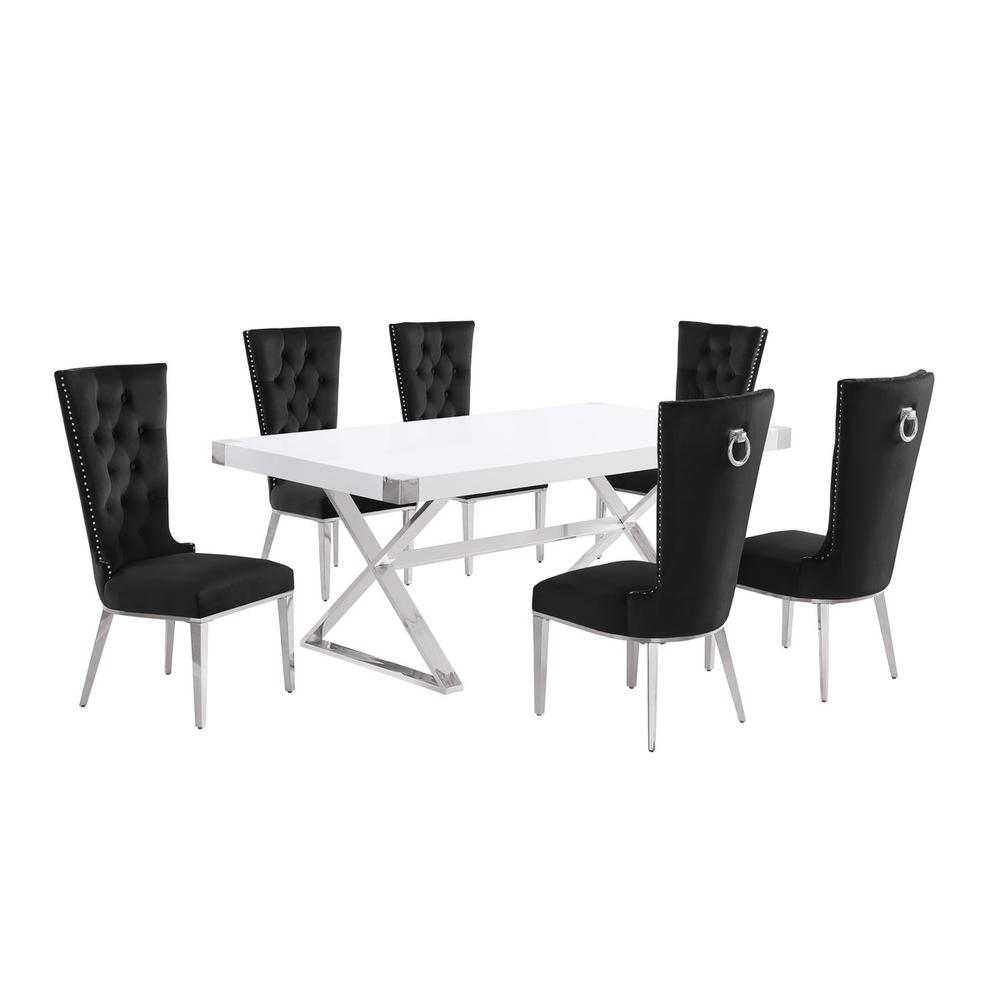 7pc Small(78") white wood top dining set with silver base and 6 chairs