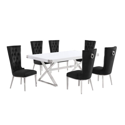 7pc Small(78") white wood top dining set with silver base and 6 chairs