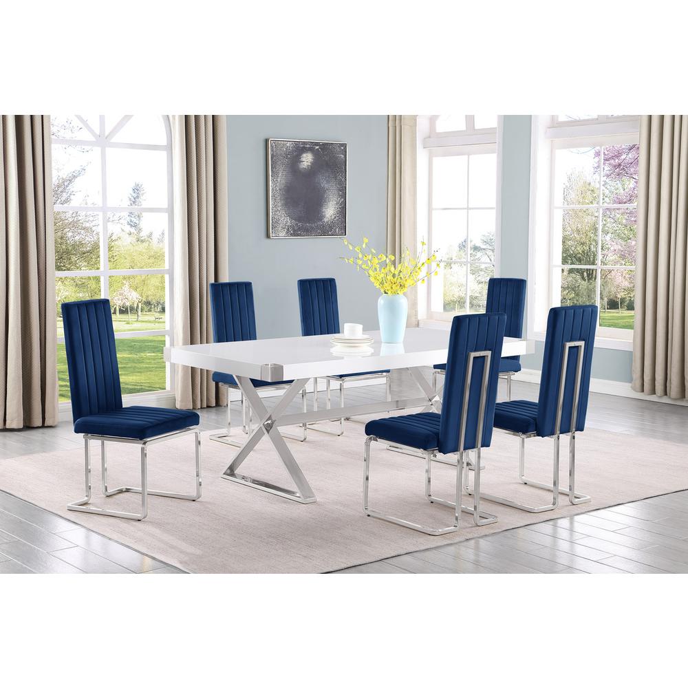 7pc Small(78") white wood top dining set with silver base and 6 Navy side chiars