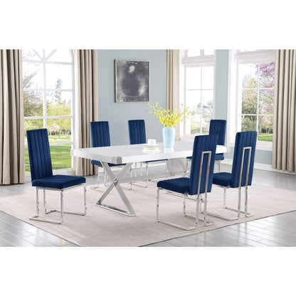 7pc Small(78") white wood top dining set with silver base and 6 Navy side chiars