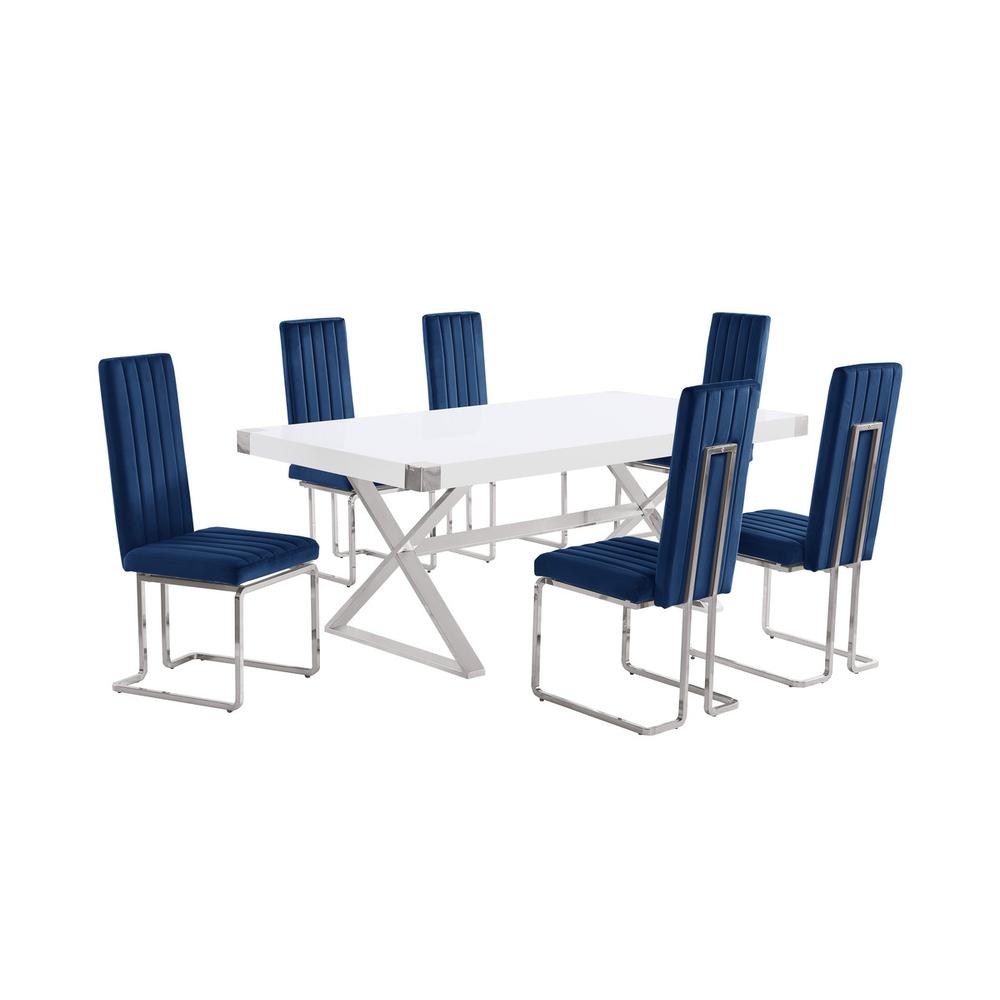 7pc Small(78") white wood top dining set with silver base and 6 Navy side chiars
