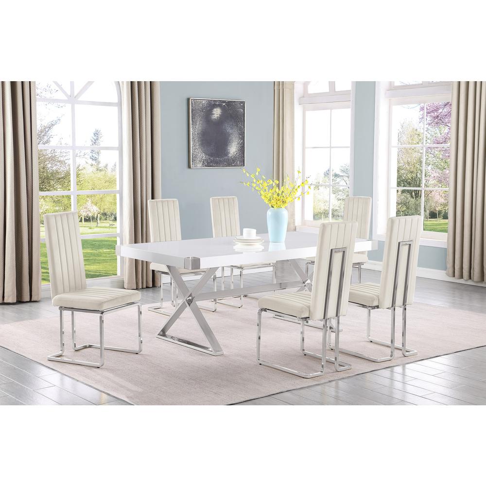 7pc Small(78") white wood top dining set with silver base and 6 chairs