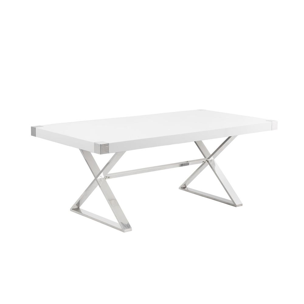 Small (78") white wood top dining set with silver stainless steel base