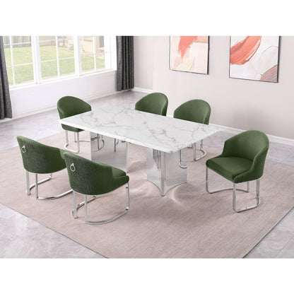 7pc Rectangular Dining Table Set with White Marble Top and Green Chairs