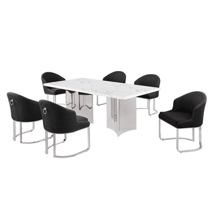 7pc Rectangular Dining Table Set with White Marble Top and Black Chairs