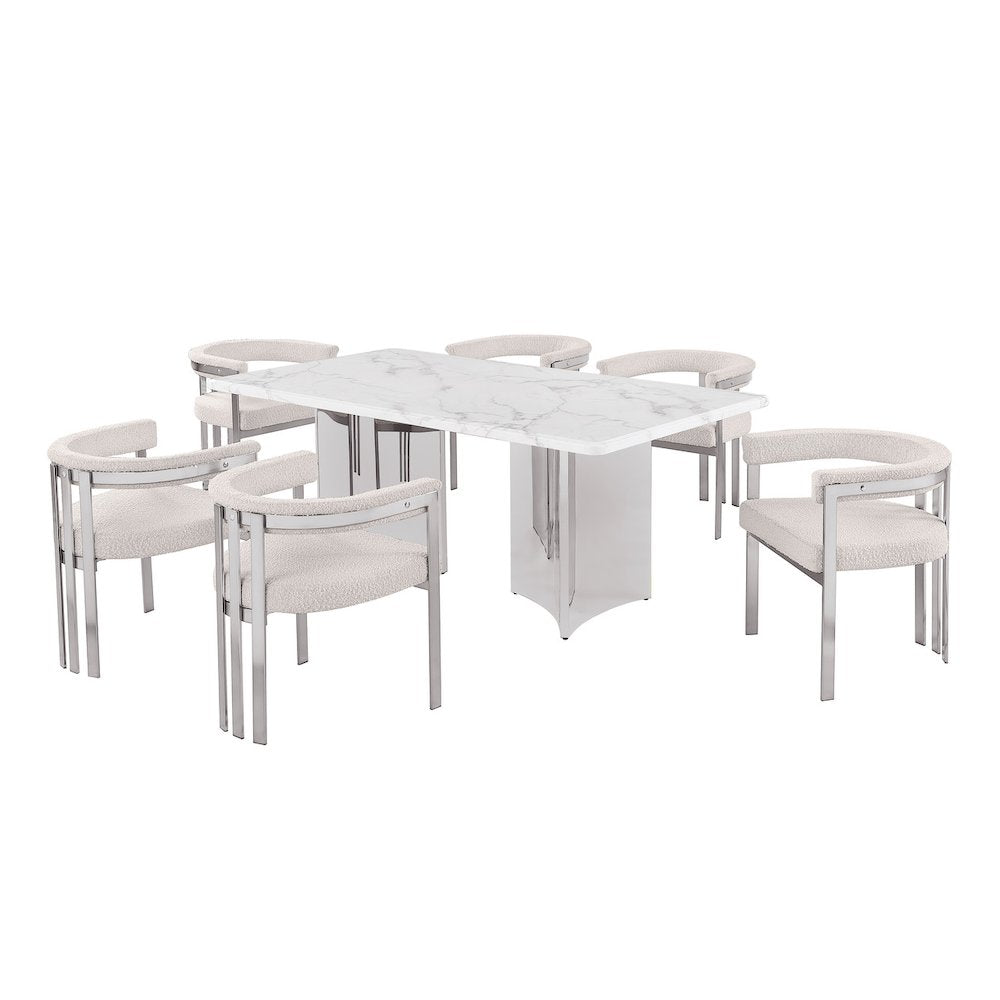 7pc 38mm Marble Top Dining Set 6 Cream Chiars
