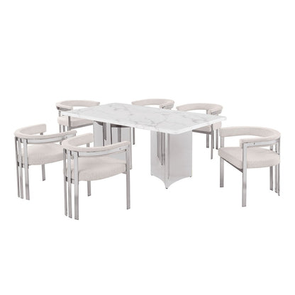 7pc 38mm Marble Top Dining Set 6 Cream Chiars
