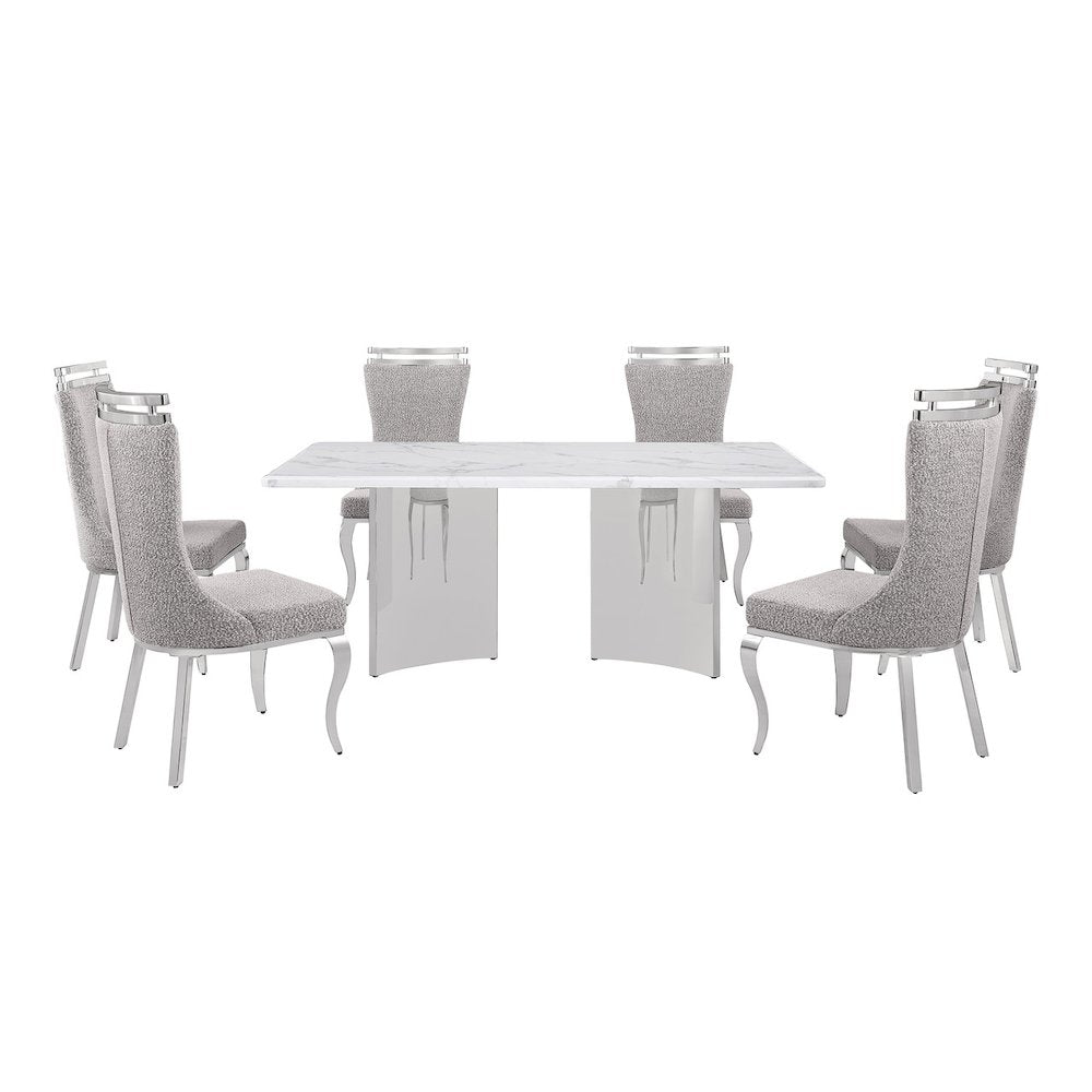7pc Rectangular Dining Table Set with White Marble Top and Rich Gray Chairs