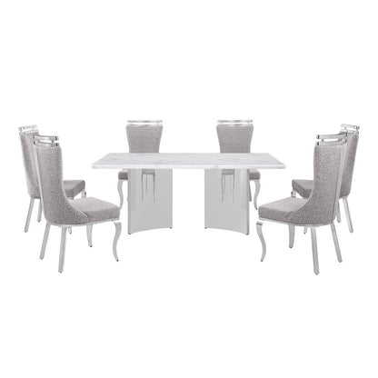 7pc Rectangular Dining Table Set with White Marble Top and Rich Gray Chairs