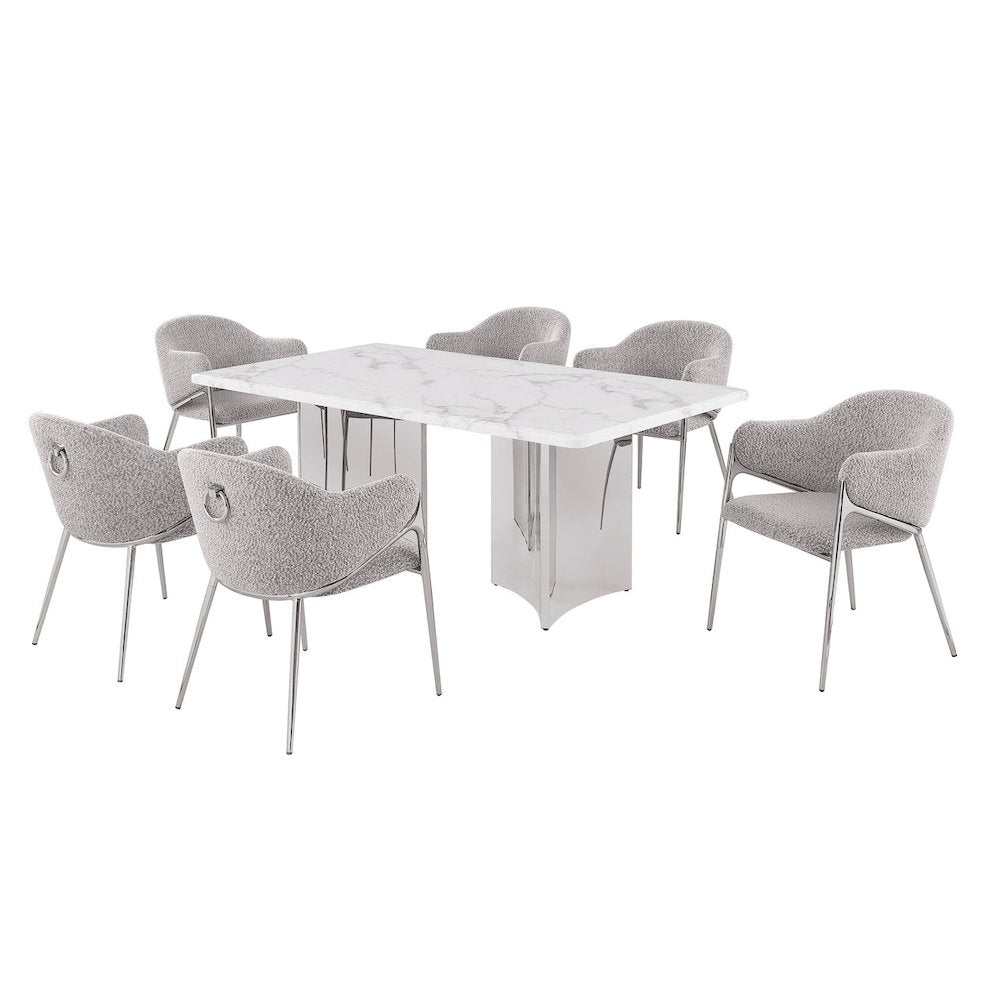 7pc 72" Marble Top Dining Set 6 Rich Gray Chiars