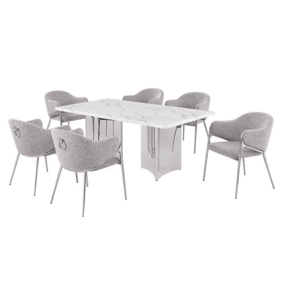 7pc 72" Marble Top Dining Set 6 Rich Gray Chiars