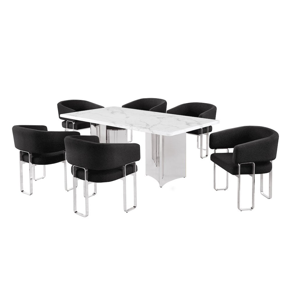 7pc Rectangular Dining Table Set with Marble Top with Black Tri-Leg Base Chairs