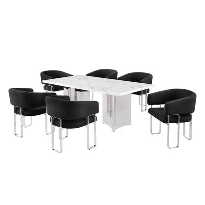 7pc Rectangular Dining Table Set with Marble Top with Black Tri-Leg Base Chairs
