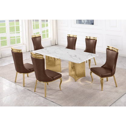 9pc Rectangular White Marble Top with 8 Mocha Boucle Fabric Chairs