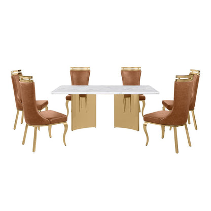 9pc Rectangular White Marble Top with Toffee Boucle Fabric Chairs