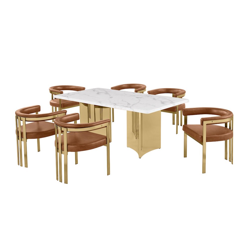 7pc 72" Marble Top Dining Set with 6 Toffee Chairs
