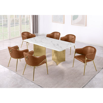 9pc Rectangular White Marble Top with Toffee Boucle Fabric Chairs