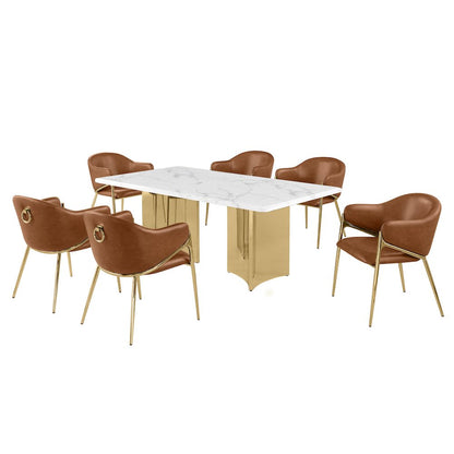 9pc Rectangular White Marble Top with Toffee Boucle Fabric Chairs