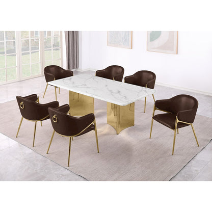 9pc Rectangular White Marble Top with Espresso Boucle Fabric Chairs