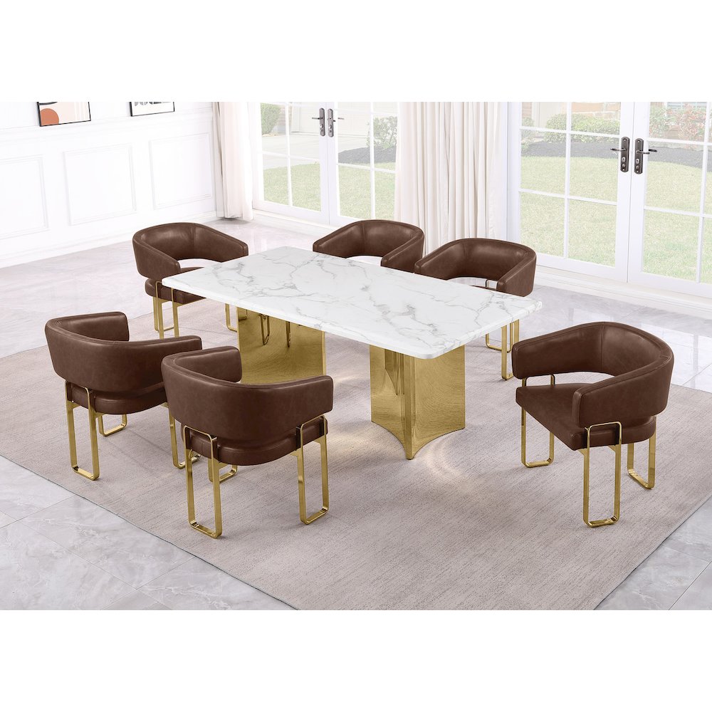 7pc Dining Table Set with White Marble Top with 6 Mocha Leathaire Fabric Chair
