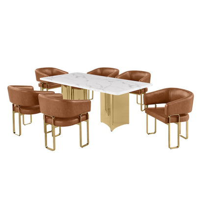 7pc Dining Table Set with White Marble Top with 6 Toffee Leathaire Fabric Chair