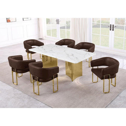 7pc Dining Table Set with White Marble Top with 6 Espresso Leathaire Chair