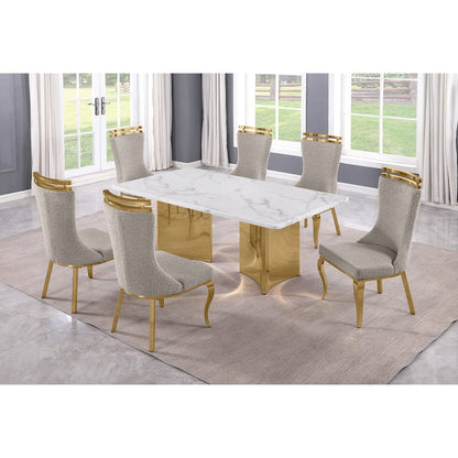 7pc Rectangular White Marble Top with 6 Gray Boucle Fabric Chairs Gold Base