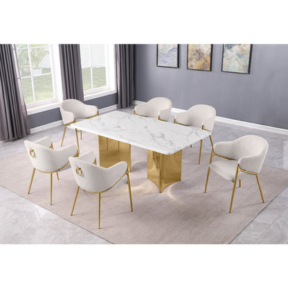 7pc Rectangular White Marble Top with 6 Cream Boucle Fabric Chairs Gold Base