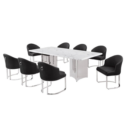 9pc Rectangular Dining Table Set with White Marble Top and Black Chairs