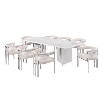9pc Rectangular White Marble Top with 8 Cream Boucle Fabric Chairs
