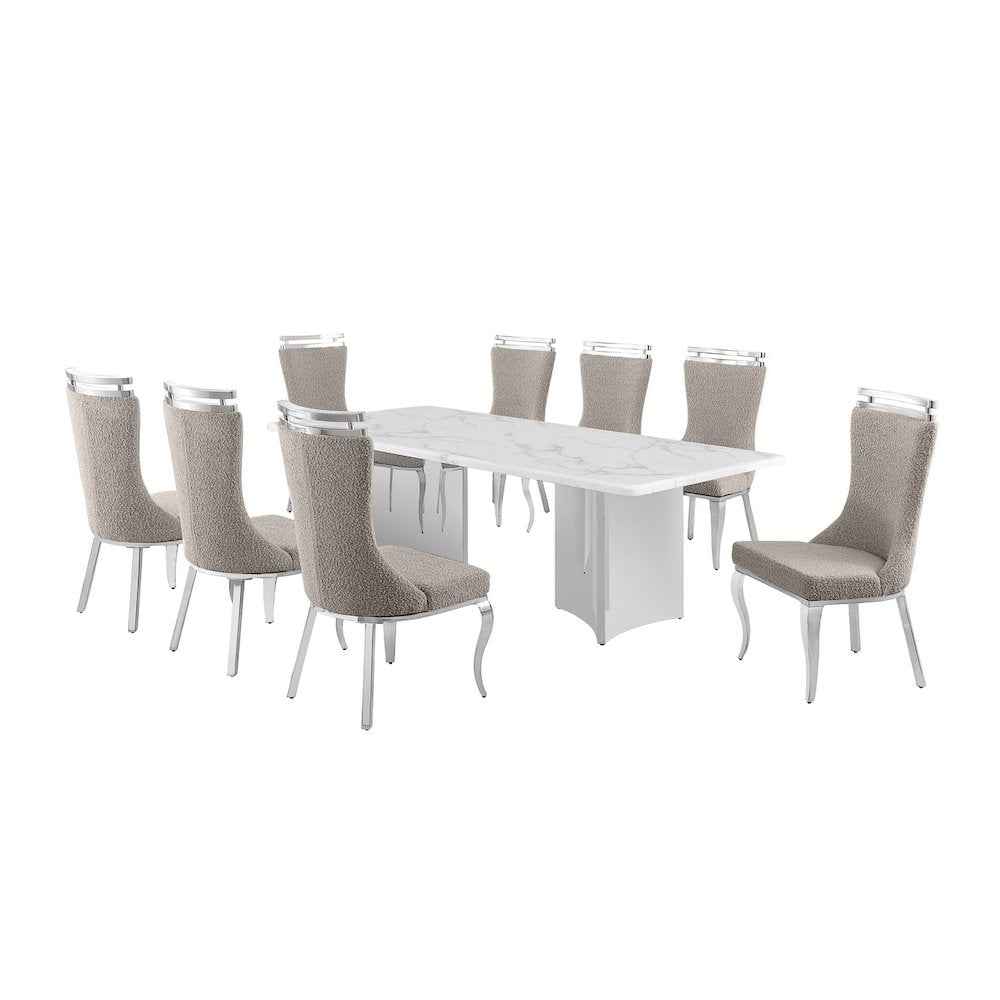 9pc Rectangular Dining Table Set with White Marble Top and Gray Chairs