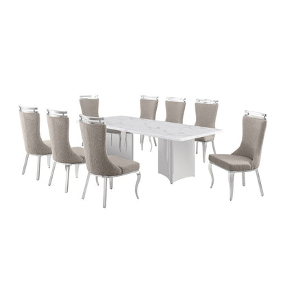 9pc Rectangular Dining Table Set with White Marble Top and Gray Chairs