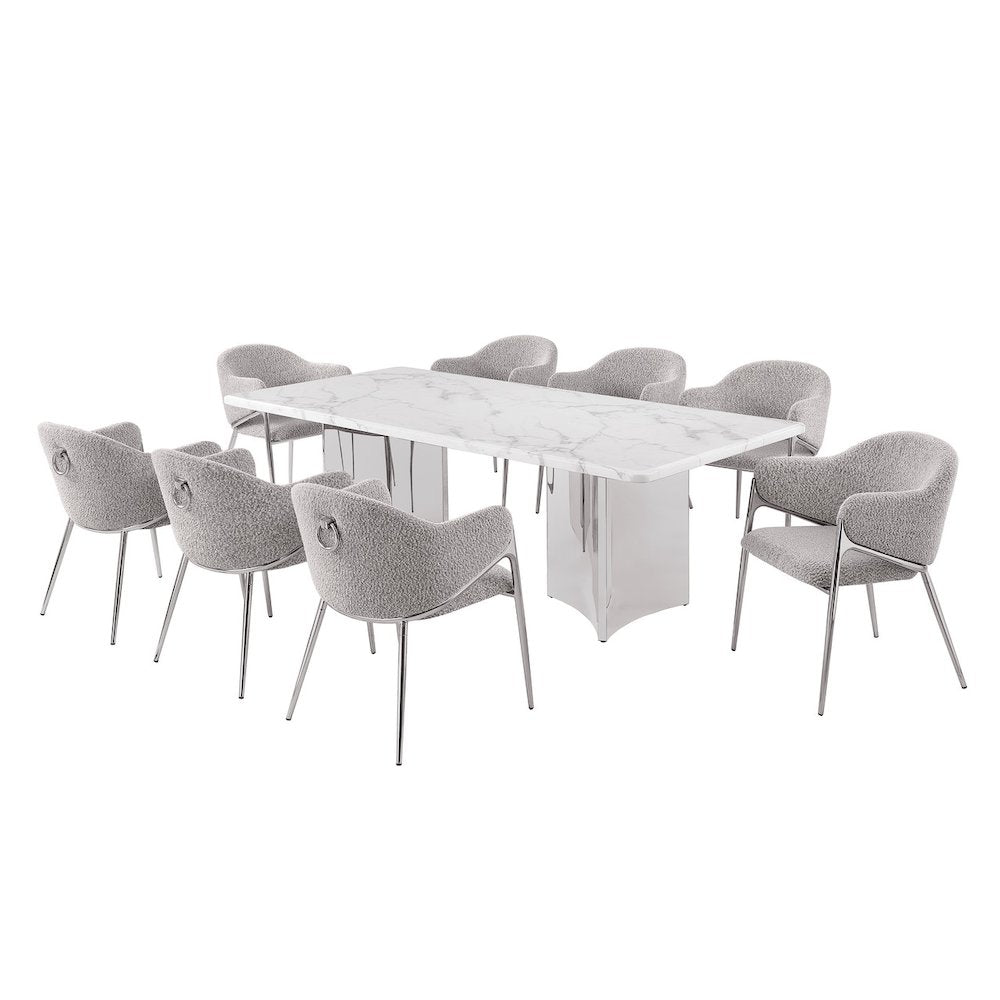 9pc Rectangular White Marble Top with 8 Rich Gray Boucle Fabric Chairs