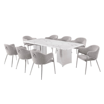 9pc Rectangular White Marble Top with 8 Rich Gray Boucle Fabric Chairs