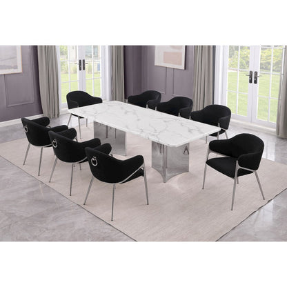 9pc Rectangular White Marble Top with 8 Black Boucle Fabric Chairs