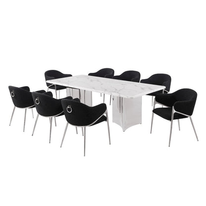 9pc Rectangular White Marble Top with 8 Black Boucle Fabric Chairs