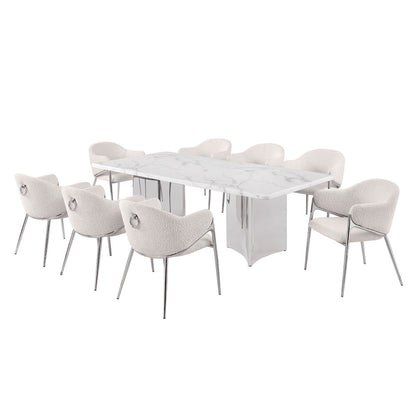 9pc Rectangular White Marble Top with 8 Cream Boucle Fabric Chairs
