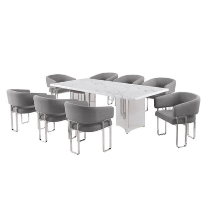 9pc Rectangular Dining Table Set with White Marble Top and Dark Gray Chairs