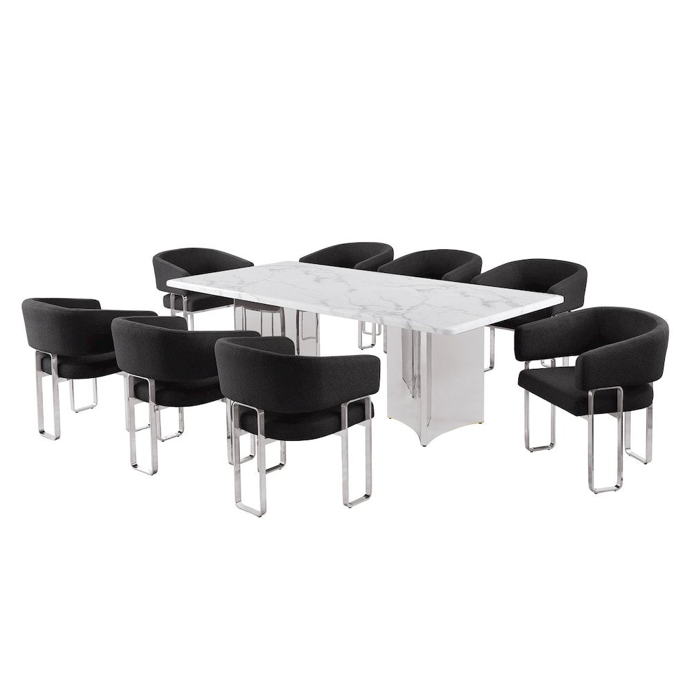 9pc Rectangular Dining Table Set with White Marble Top and Black Chairs