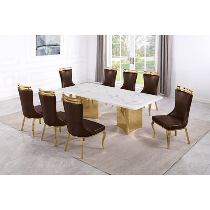 9pc Rectangular White Marble Top with Espresso Boucle Fabric Chairs Gold Base